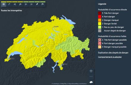 Carte des dangers de MétéoSuisse.