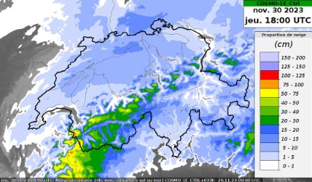 Estimation des cumuls de neige (en cm) jusqu’à jeudi 30.11.2023. 