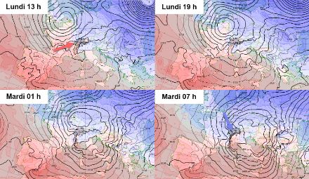 Cartes de pression réduite au niveau de la mer (contours, en hpa) et température à 850 hPa (vers 1500 m, couleurs, en °C) pour lundi 27 et mardi 28 novembre 2023. Modèle IFS Haute Résolution.