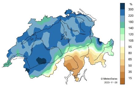 Carte de la Suisse sur la répartition des précipitations en novembre.