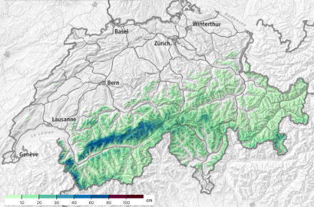 Figure 2 : neige fraîche entre samedi 04 novembre à 7h et dimanche 5 novembre à 7h. Source et explication des données du SLF sur : https://www.slf.ch/fr/bulletin-davalanches-et-situation-nivologique/cartes-de-neige/details-sur-neige-fraiche