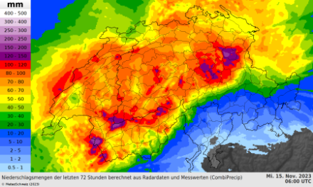 Somme de précipitations sur 72 heures jusqu'au mercredi 15 novembre 2023 à 06h UTC. Source : MétéoSuisse.