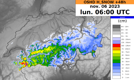 Cumuls de neige fraîche prévus sur 48h entre samedi matin et lundi matin, par le modèle OSHD.
