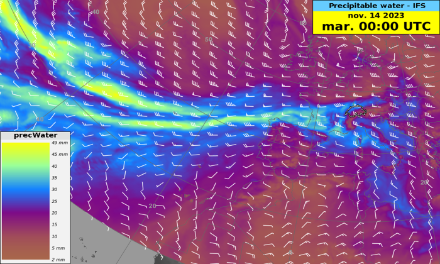 Modélisation de la quantité d’eau précipitable dans l’atmosphère pour mardi 14 novembre à 0h UTC. Source : IFS @ ECMWF.