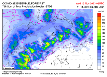 Cumuls de précipitations (mm, surfaces colorées) et écart-type (mm, isolignes) selon le modèle COSMO-2 entre dimanche 6 UTC et mercredi 6 UTC.  Alors que des précipitations abondantes sont attendues le long du versant nord des Alpes et en Valais, le centre et le sud du Tessin resteront pratiquement au sec.