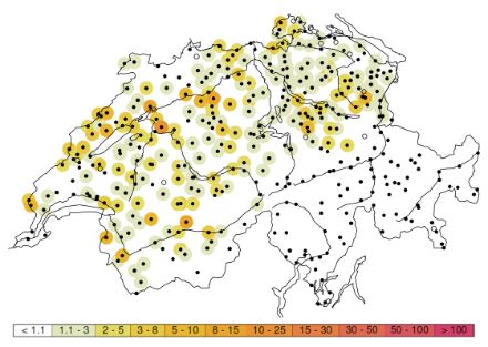 Période de retour en année pour les cumuls de précipitations enregistrés entre dimanche 12 et mercredi 15 novembre 2023. La barre de légende indique les plages des périodes de retour (par ex. 5-10 ans). Source : MétéoSuisse.