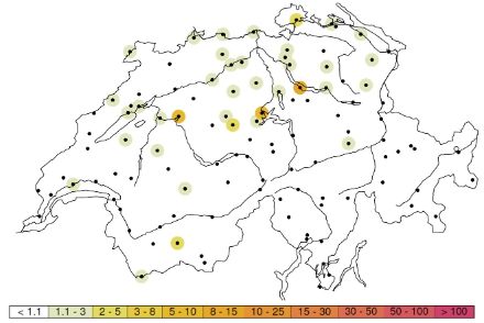 Période de retour [ans] de la tempête Frederico aux stations de mesure de MétéoSuisse
