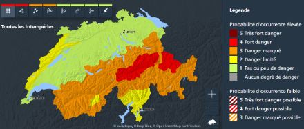 Carte des dangers de MétéoSuisse (état au 20.12.2023 à 16h).