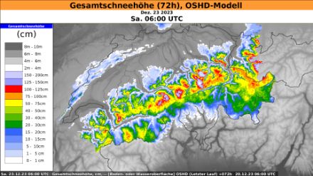 Prévision des cumuls de neige fraîche du modèle OSHD du SLF jusqu’à samedi matin. 