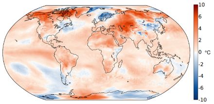 Figure 2. Distribution mondiale de la température en novembre 2023. L’écart (en °C) à la norme 1991-2020 est représenté. 