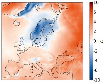 Figure 3. Répartition spatiale de la température en novembre 2023 en Europe. L’écart (en °C) à la norme 1991-2020 est représenté. 