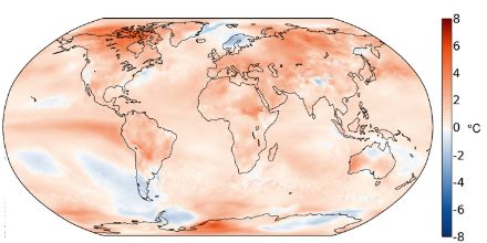 Figure 4. Distribution mondiale de la température en automne boréal 2023 (mois de septembre, octobre et novembre). L’écart (en °C) à la norme 1991-2020 est représenté. 