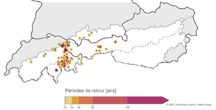 Carte des périodes de retour, seules les stations avec des périodes de retour d'au moins 10 ans sont représentées.