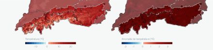 Cartes de la température moyenne mensuelle en octobre 2023 et écarts par rapport à la période de référence 1991-2020.