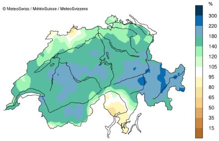 Carte de la Suisse montrant l'écart des précipitations par rapport à la norme 1991-2020