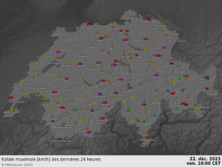 Carte des rafales maximales enregistrées par les stations de mesure de Météosuisse.