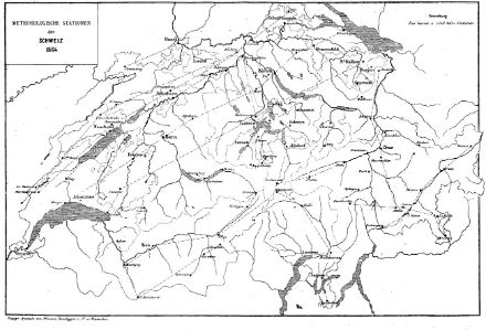 Ancienne carte de la Suisse avec les 88 stations météorologiques de 1864