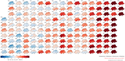 La figure montre l'évolution de la température moyenne annuelle en Suisse depuis 1864. La Suisse est colorée en conséquence.