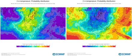 Figure 5. Probabilités (en %) que la température moyenne soit dans le tercile inférieur (au-dessous de la norme, gauche) et dans le tercile supérieur (au-dessus de la norme, droite) pour la période du 8 au 14 janvier 2024.