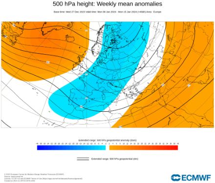 Figure 4. Géopotentiel moyen à 500 hPa (contours noirs, en décamètres) et anomalies (couleurs) du 8 au 14 janvier 2024. Modèle IFS extended (moyenne de 101 membres).