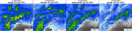 Cumuls prévus sur 24h, sur 4 jours consécutifs, de lundi 12UTC à vendredi 12UTC et évolution de la limite pluie-neige indiquée en base à droite de chaque vignette. 