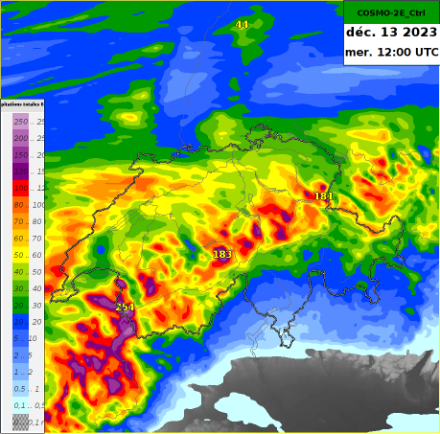 Cumuls prévus sur 60h d’ici mercredi midi par le modèle COSMO-2 CTRL, run de lundi 11.12.2023 à 06UTC. 