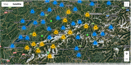 Emplacement et nombre de webcams roundshot en Suisse