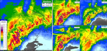 Figure 3 : cumuls de précipitations prévus sur 72 heures avec la médiane de COSMO-2 à gauche, les quantiles 90 et 10 de COSMO-2 en haut à droite, le contrôle de COSMO-2 et de l'IFS en bas à droite. 