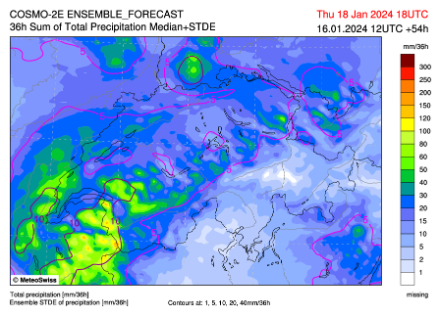 Cumuls de pluie attendus par le modèle COSMO-2E entre mercredi 7h et jeudi à 17h. Source : MétéoSuisse