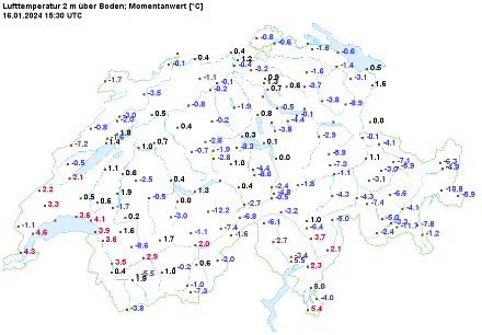 Températures mesurées à 16h30. Dans les régions où la température est restée négative aujourd'hui, les sols froids augmentent le risque de verglas en cas de précipitations. Source : MétéoSuisse. 