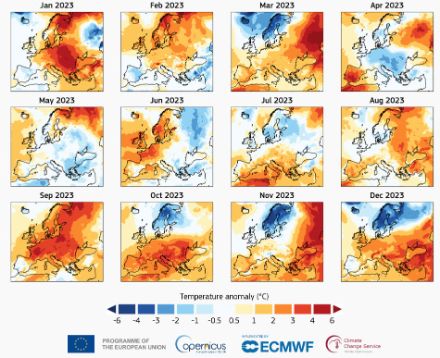 Cartes des écarts de température respectifs pour les douze mois de l'année 2023 en Europe