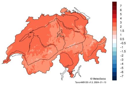 Carte de la distribution des anomalies de température en Suisse en décembre 2023