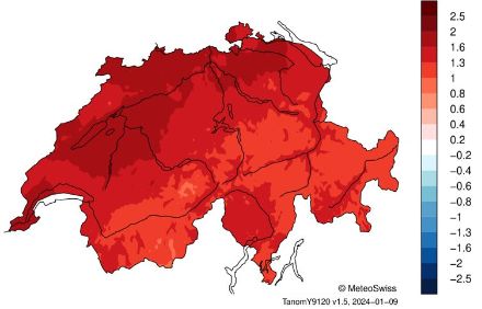 Carte de la distribution des températures en Suisse en 2023