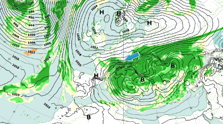 Figure 1: pression et humidité au sol, lundi 8 janvier à 00h UTC.
