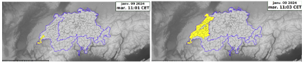 Avis de degré 2 pour des chutes de neige (à gauche) et pour « chaussées glissantes ». Source : NinJo, MétéoSuisse