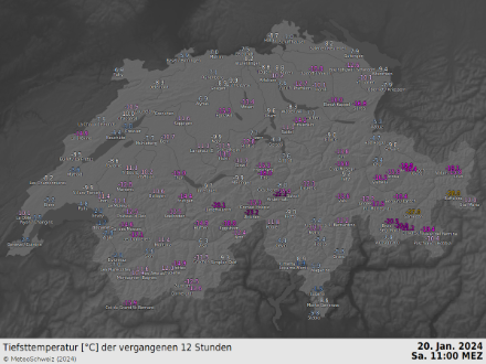 Carte de la Suisse avec les températures minimales.