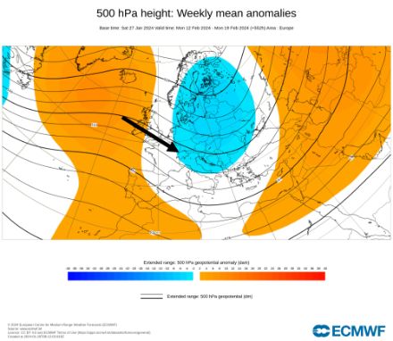 Source : géopotentiel moyen à 500 hPa (contours noirs, en décamètres) et anomalies (couleurs) du 12 au 18 février 2024. Modèle IFS extended (moyenne de 101 membres).
