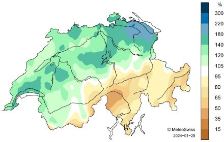 Carte de la Suisse sur les précipitations en janvier 2024