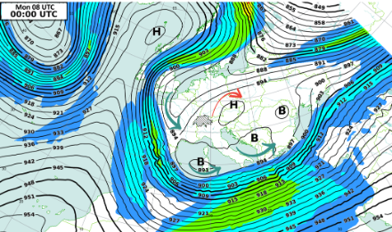 Figure 3: géopotentiels (isolignes) et vitesse du vent (isotaches - zones colorées) à 300 hPa (environ 9000 mètres d'altitude), lundi 8 janvier à 00h UTC.
