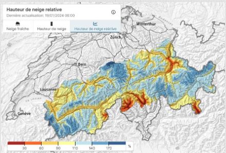 Ecart à la norme de l'enneigement total ce 19 janvier (norme 1990-2020)