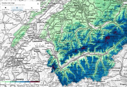 Hauteur de neige totale estimée sur la base des mesures manuelles et automatiques de MétéoSuisse et du SLF, vendredi 19 janvier 2024, 7h