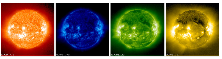 Photos du soleil prises dans différentes longueurs d’ondes du spectre ultra-violet (comprises entre 10 et 380 nm environ). Source : www.Lesia.obspm.fr (satellite SOHO)