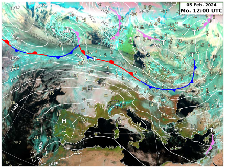 Image satellite, analyse des fronts et pression au niveau de la mer.  Source : MétéoSuisse