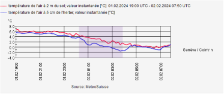 Evolution de la température à 5 cm (en bleu) et 2 m (rouge) entre le 1er février à 19 UTC et le 2 février à 08 UTC. Source : Climap@MétéoSuisse.