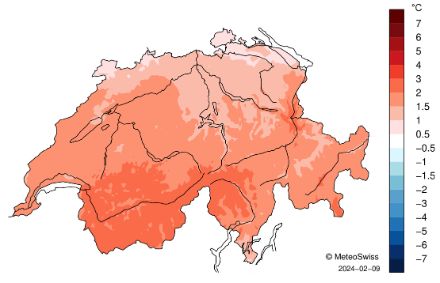 Carte suisse des anomalies de température en janvier 2024 par rapport à la norme 1991-2020