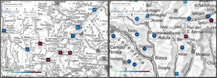 Figure 1. Sommes de neige fraîche en 3 jours (valeurs journalières cumulées) jusqu'à dimanche matin en Haute-Engadine (à gauche) et dans le val Mesolcina, ainsi qu’en Léventine (à droite). On a souvent enregistré plus de 50 cm de neige fraîche, et par endroits plus de 100 cm.
