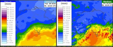Figure 3. Précipitations modélisées en 72 heures [mm] par IFS (à gauche) et COSMO-2E (à droite), médianes dans les deux cas. Des précipitations de 50-80 mm sont simulées au Tessin, et de 25-50 mm sur la crête principale des Alpes.