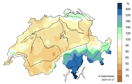 Carte de la Suisse sur la répartition des précipitations en février 2024.