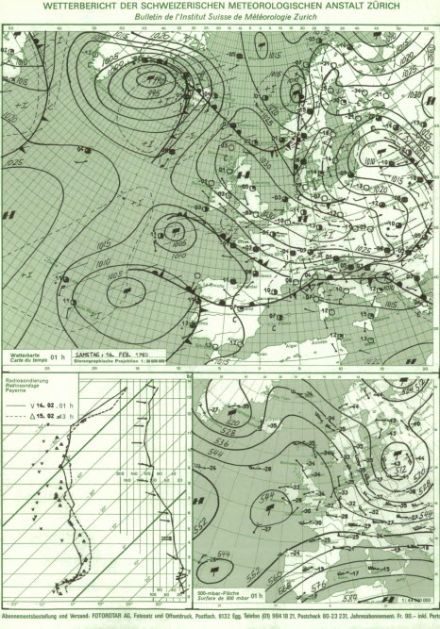 Archives de la situation du 16 février 1985. En haut, carte des isobares et des fronts, en bas à gauche, profil de température mesurée par radiosondage à Payerne et en bas à droite, isohypses 500 hPa. 