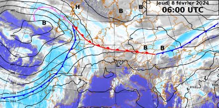 Image satellite de la situation météorologique actuelle avec une dépression sur le proche Atlantique. Un front froid aborde le continent et touchera la région alpine la nuit prochaine.  et front froid s'approchant de la région alpine.